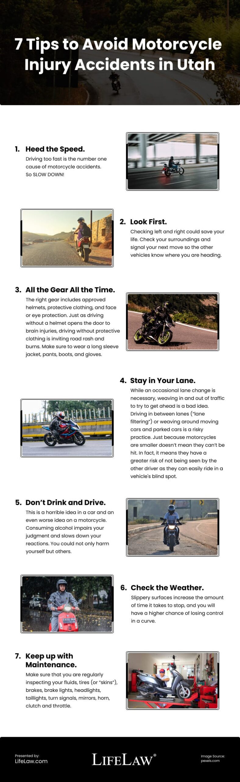 Infografía de 7 consejos para evitar accidentes con lesiones de motocicleta en Utah